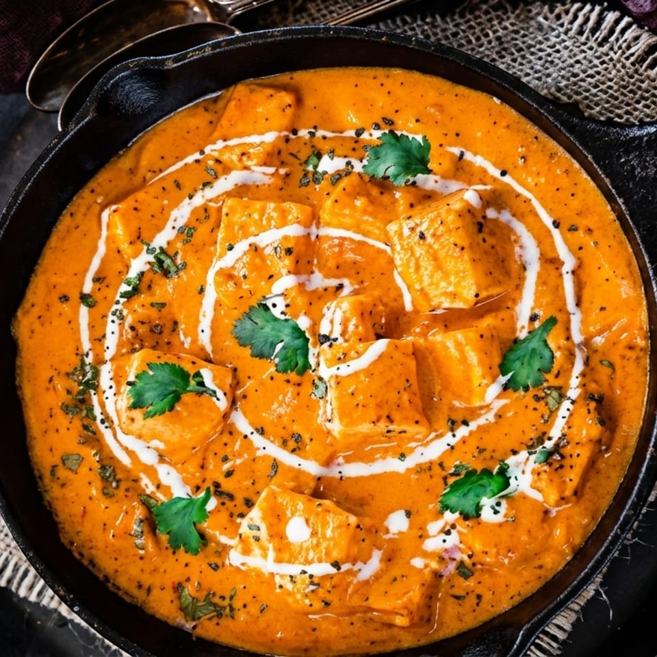 Close-up of paneer butter masala in a cast iron pan, garnished with cream and cilantro.