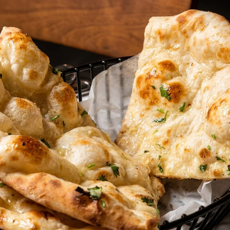 Golden-brown naan bread, garnished with fresh herbs, in a black wire basket on a white tablecloth.