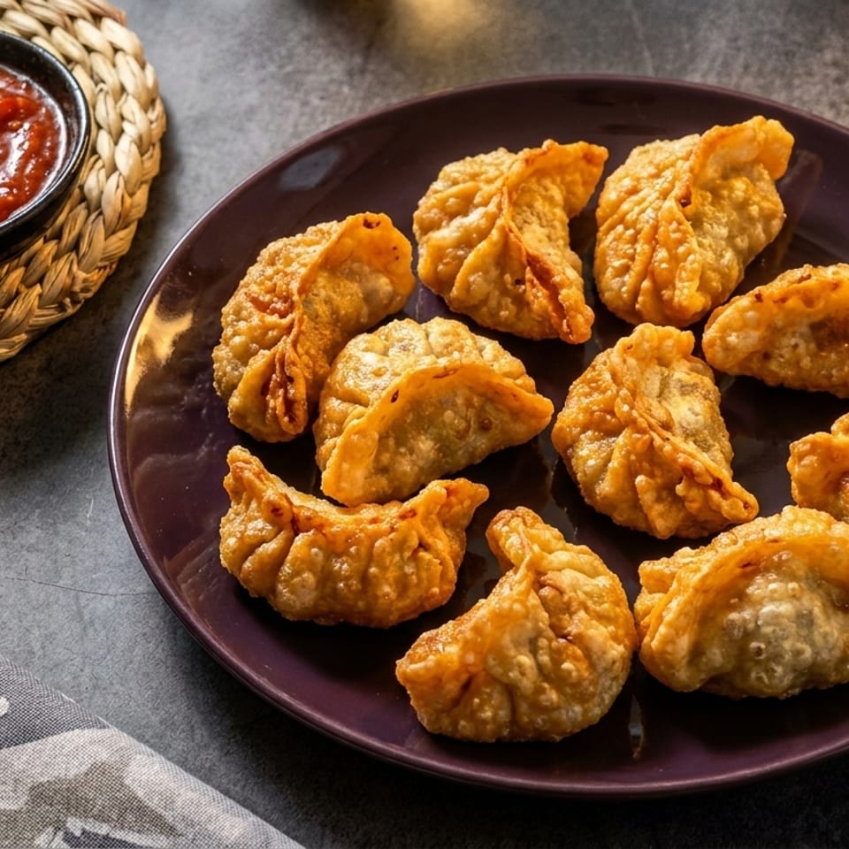 A plate of crispy fried dumplings with a side of red dipping sauce on a woven mat.