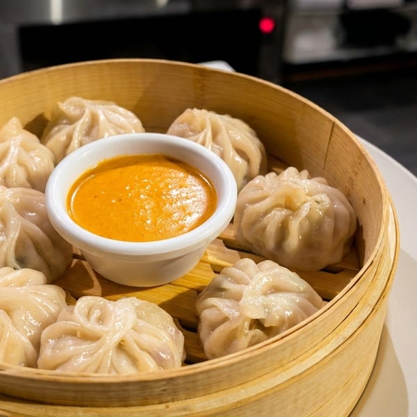 Steamed momos with a vibrant orange dipping sauce in a bamboo steamer basket.