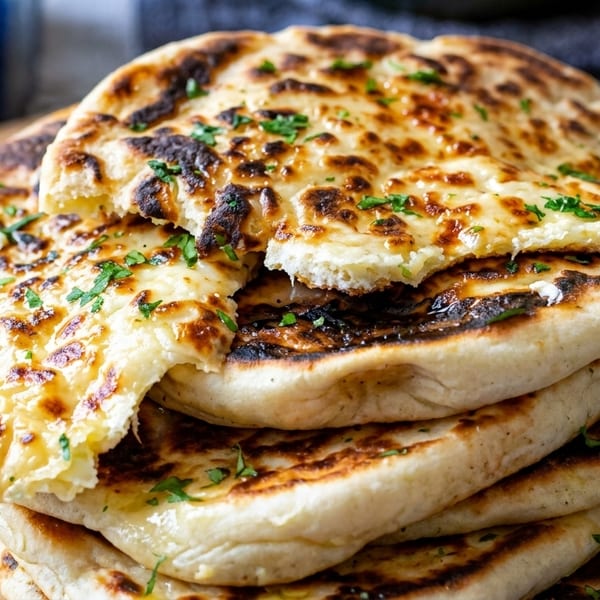 Stack of golden-brown naan bread, topped with melted cheese and fresh parsley, on a wooden board.