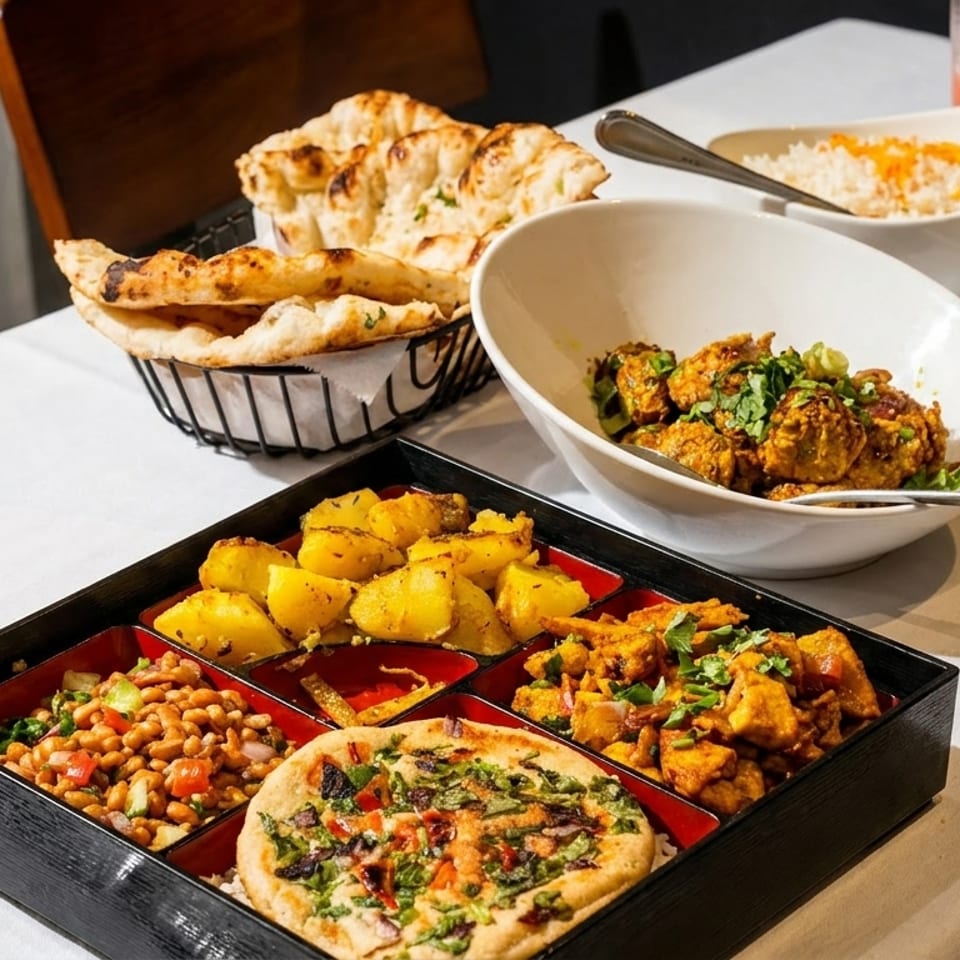 A table laden with Indian dishes, including naan, curry, rice, and a bento box.