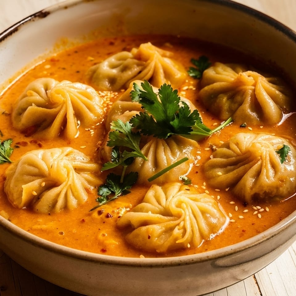 A bowl of momos in a vibrant orange sauce, garnished with cilantro and sesame seeds.