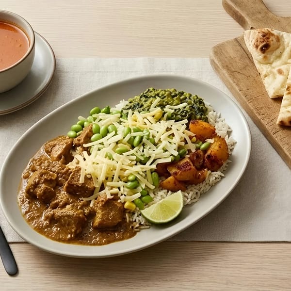 Curry dish with rice, vegetables, cheese, and a side of soup and naan bread.