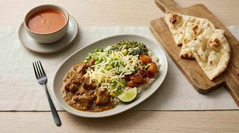 Curry dish with rice, vegetables, cheese, and a side of soup and naan bread.