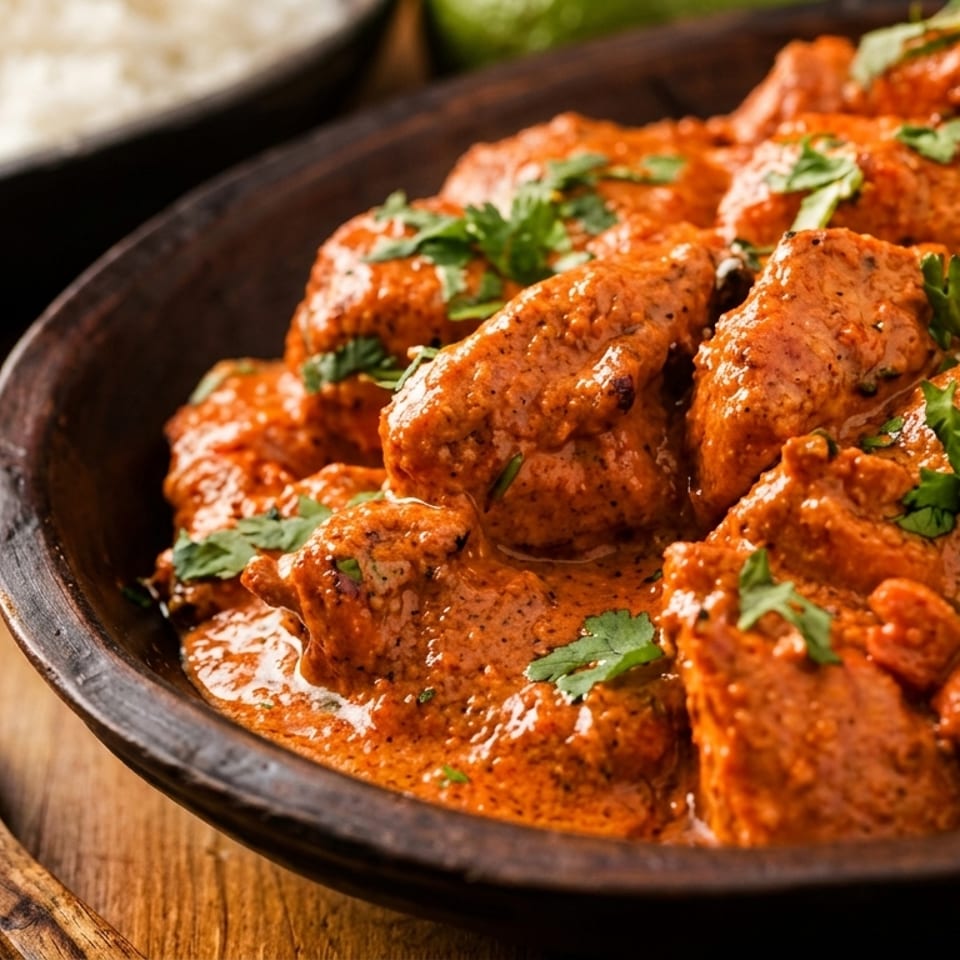 Close-up of chicken tikka masala in a dark bowl with rice and a wooden spoon.